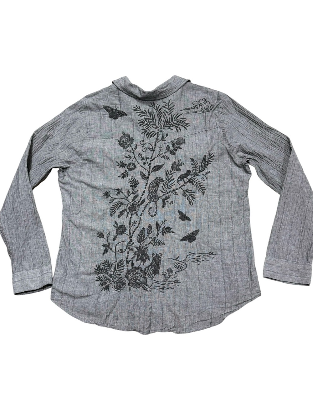 Johnny Was Sz L Shirt Grey Snap Front Embroidered Blouse Boho Minimalist Classic
